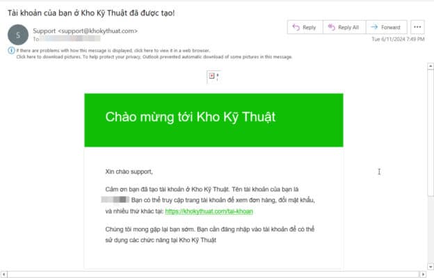 buoc 32 email thong bao tao tai khoan thanh cong tren kho ky thuat